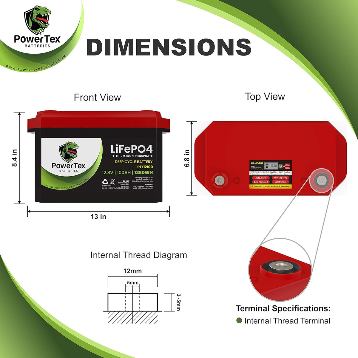 12V 100Ah 1224Wh LiFePO4 Deep Cycle Rechargeable Battery G56652