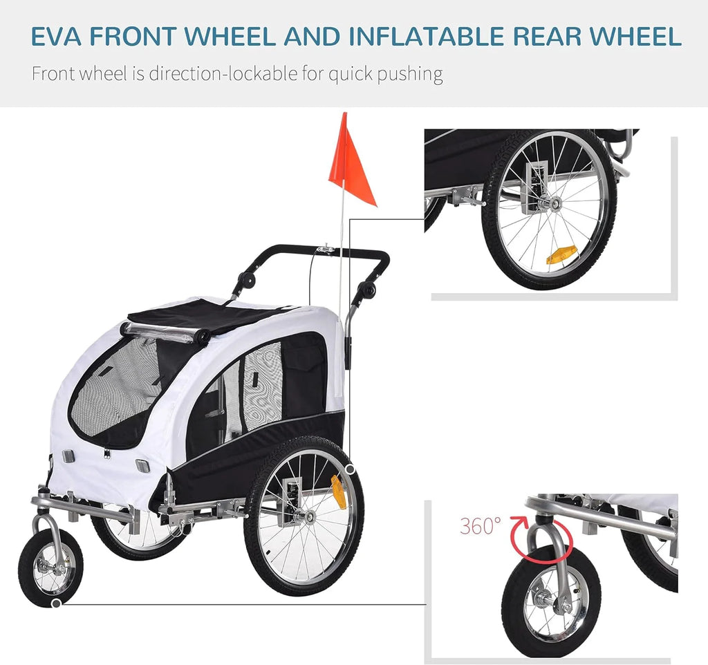 White Dog Bike Trailer Pet Stroller With Canopy And Storage Pockets W2830