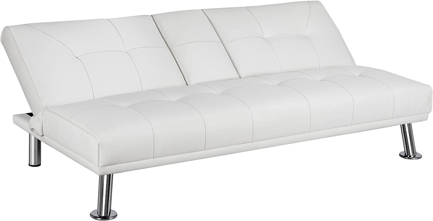 White Faux Leather Futon Set Convertible Sleeper Loveseat Daybed B149642