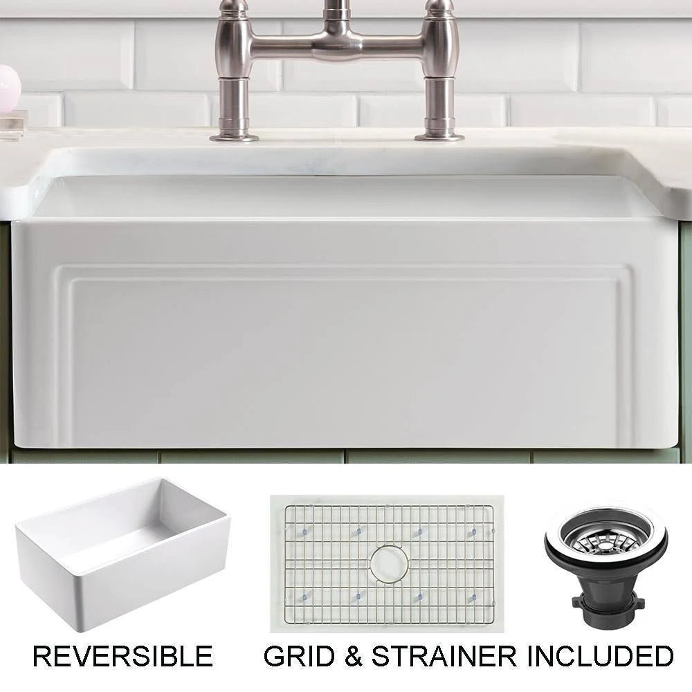 White 30 inch Farmhouse Fireclay Kitchen Sink with Grid and Strainer J664035