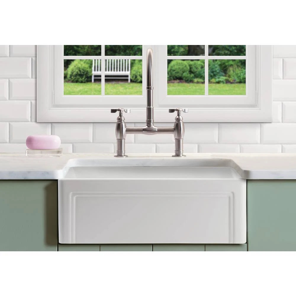 White 30 inch Farmhouse Fireclay Kitchen Sink with Grid and Strainer J664035