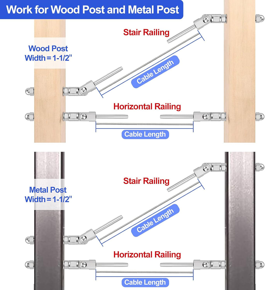 20 Pack T316 Stainless Steel 180° Adjustable Angle Cable Railing Swage Threaded Stud Tension End Fitting for 1/8 Wire Rope Hardware Wood Post Pack of 2 V28934
