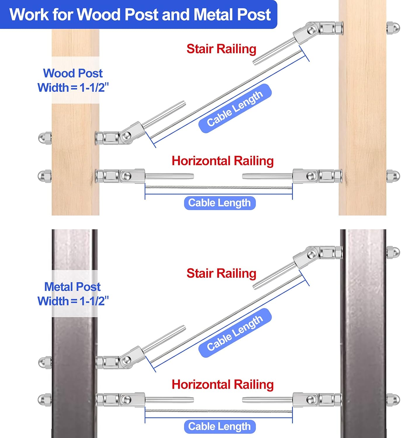 20 Pack T316 Stainless Steel 180° Adjustable Angle Cable Railing Swage Threaded Stud Tension End Fitting for 1/8 Wire Rope Hardware Wood Post Pack of 2 V28934