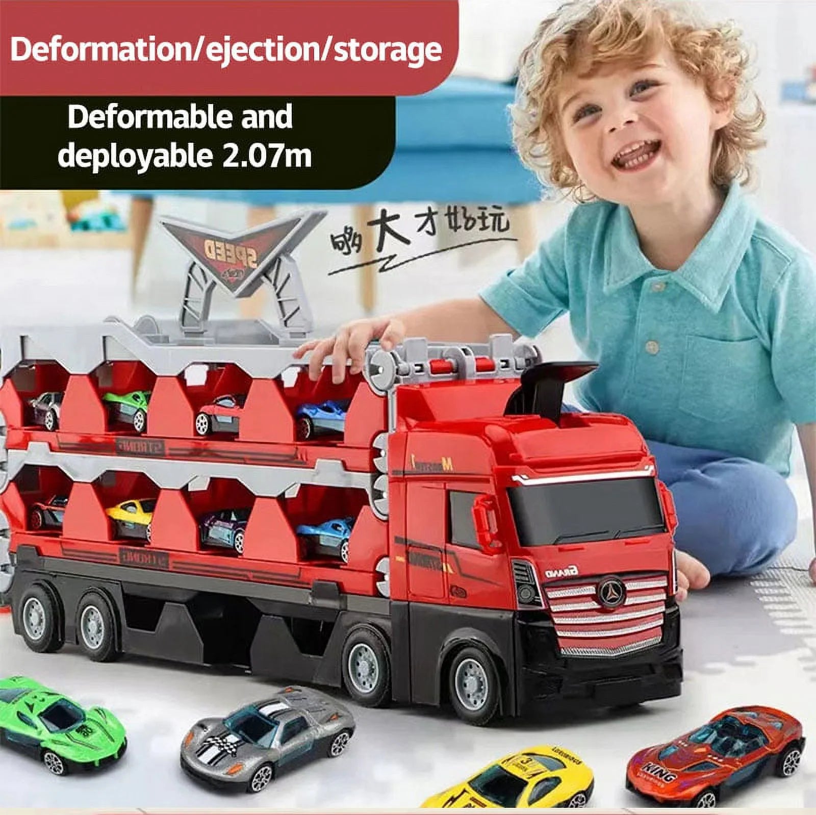 Mega Hauler Truck with Ejection Race Track, Folding Storage Transporter Toy with 8 Cars L30821