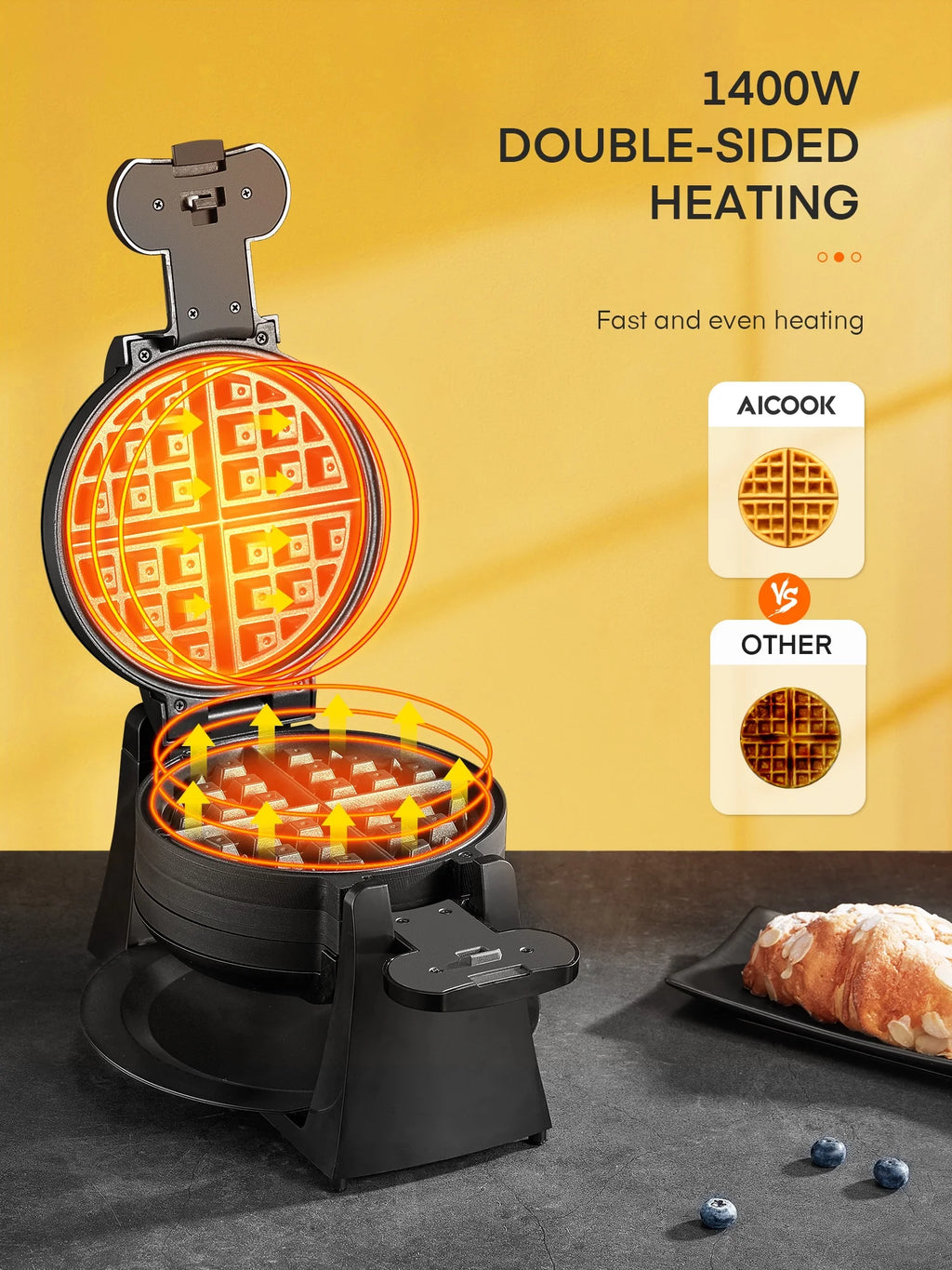 Double Belgian Waffle Maker 180° Flip 1400W Nonstick Black U40123