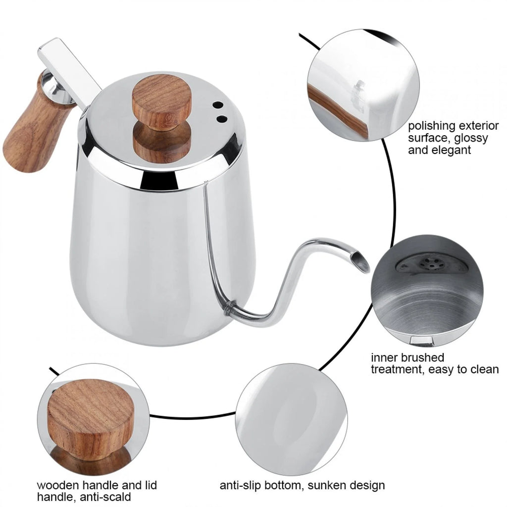 Stainless Steel Wooden Handle Gooseneck Coffee Kettle, 350ml K437454