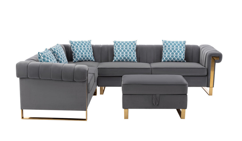 Gray Velvet 6-Seater Sectional Sofa with Storage Ottoman L551