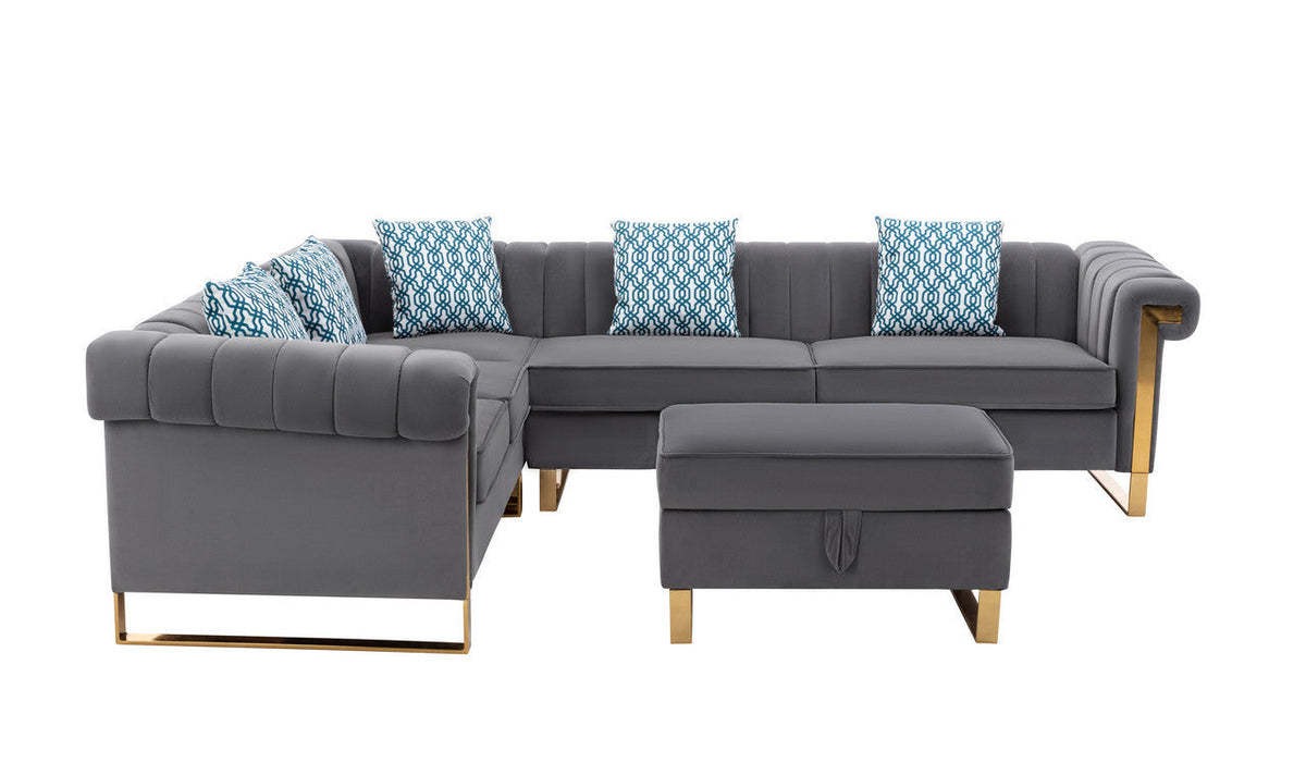 Gray Velvet 6-Seater Sectional Sofa with Storage Ottoman L551