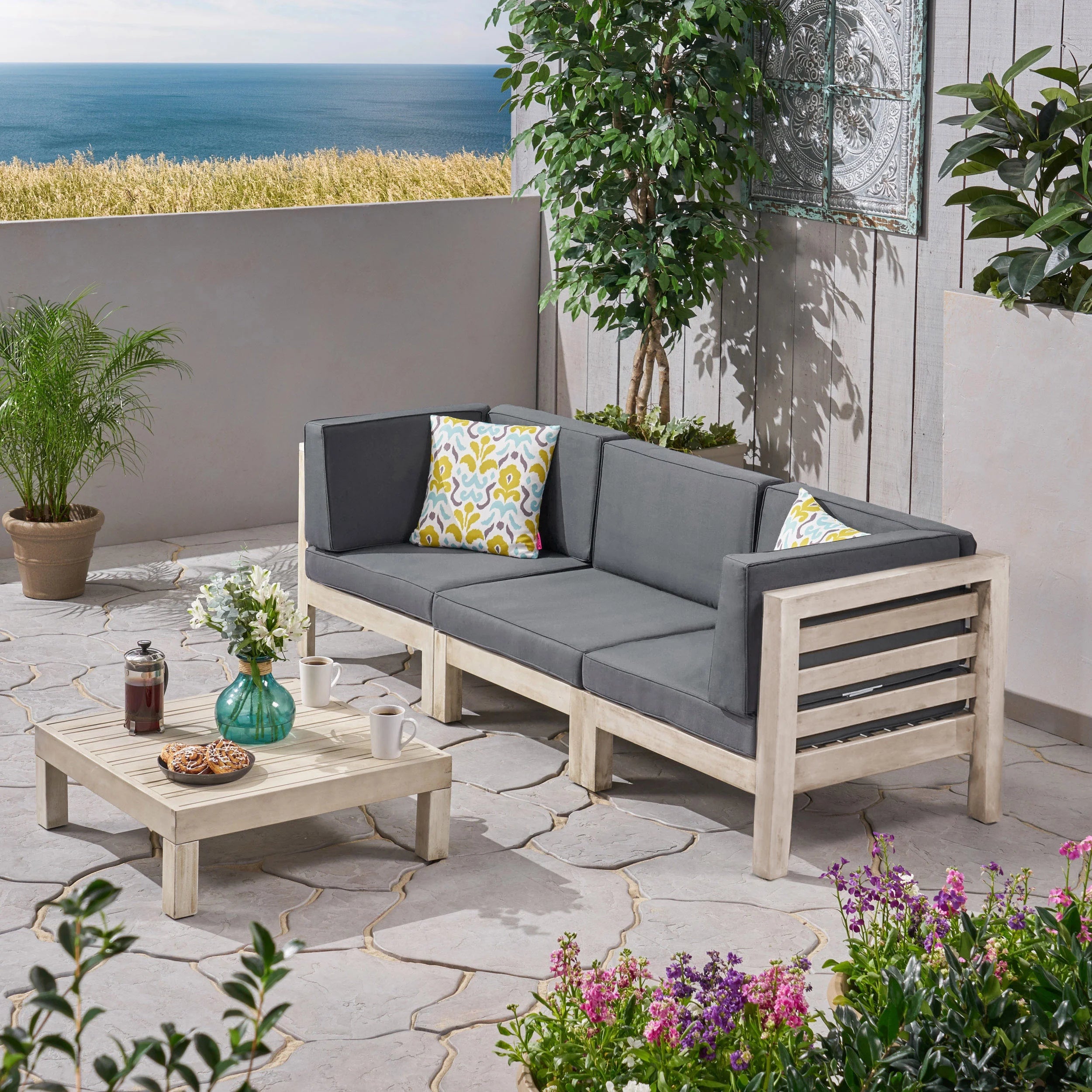 Gray Acacia Wood Sofa and Table Set with Cushions I72046