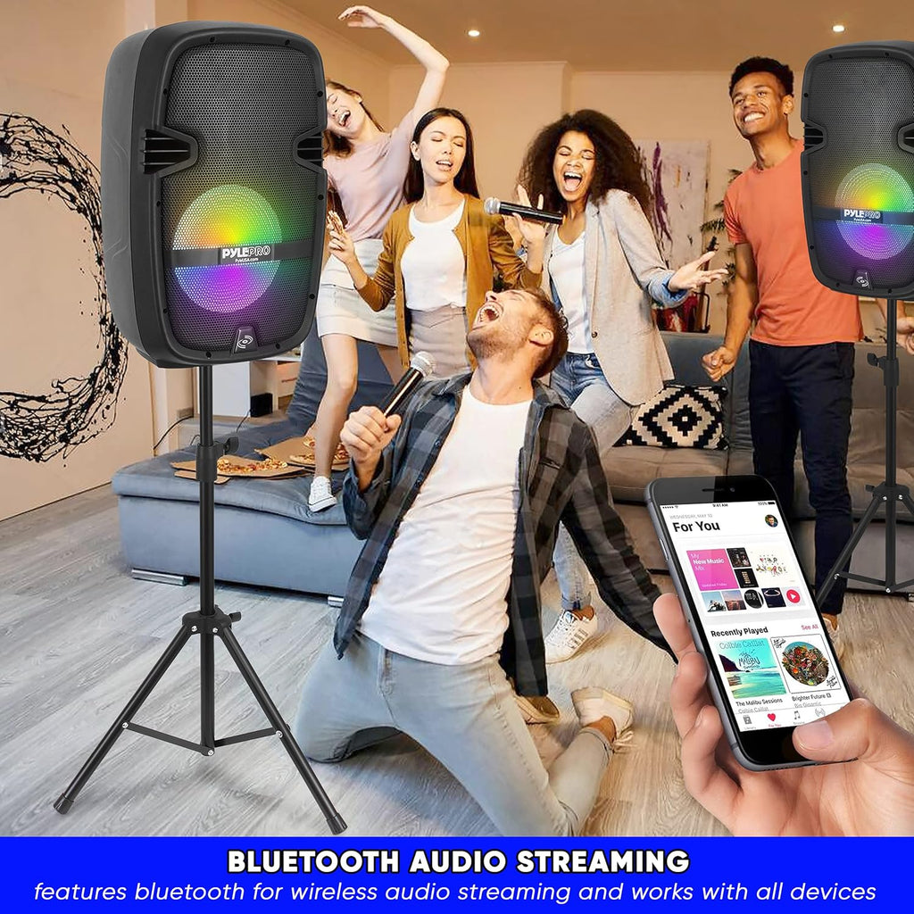 Black Portable Wireless Bluetooth PA Speaker DJ Mixer Bundle with Dual Speaker, Mixer, Microphone, Stand, Cable J1603