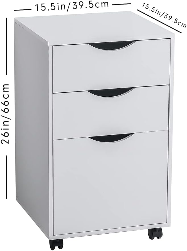 White 3 Drawer Wooden Mobile Filing Cabinet with Wheels V871