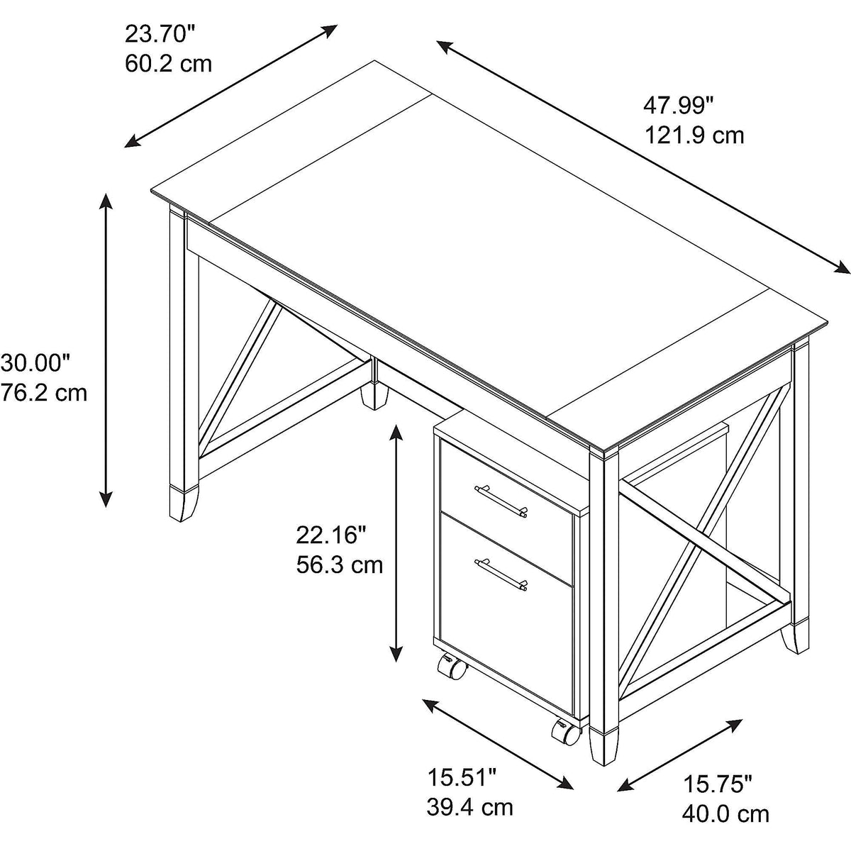 48w Writing Desk with 2 Drawer Mobile File Cabinet in Bing Cherry D911234