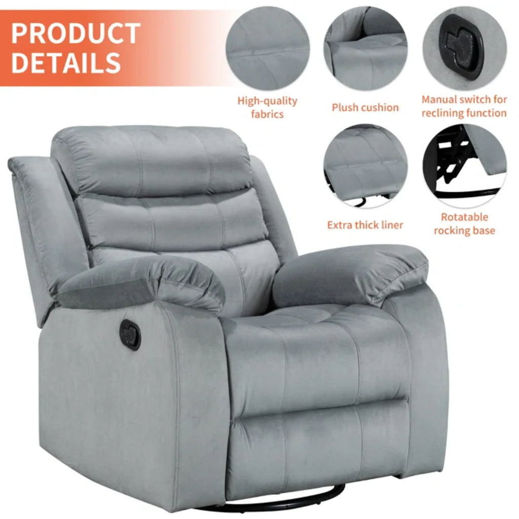 Gray Velvet Swivel Rocking Recliner Chair S54225