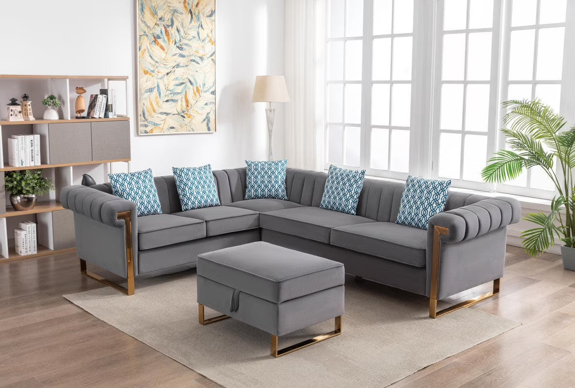 Gray Velvet 6-Seater Sectional Sofa with Storage Ottoman L551