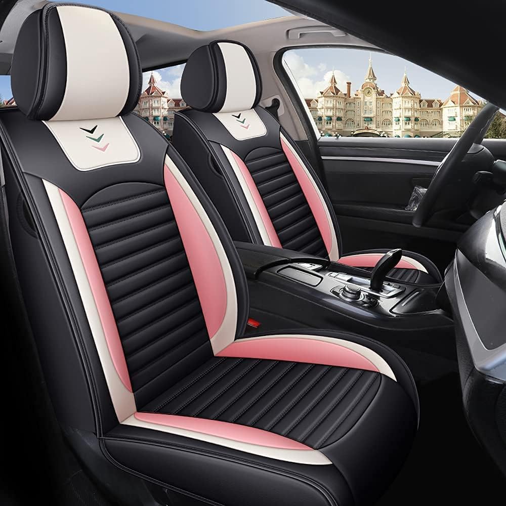 Black-Pink PU Leather Car Seat Cover 5-Seats J8674