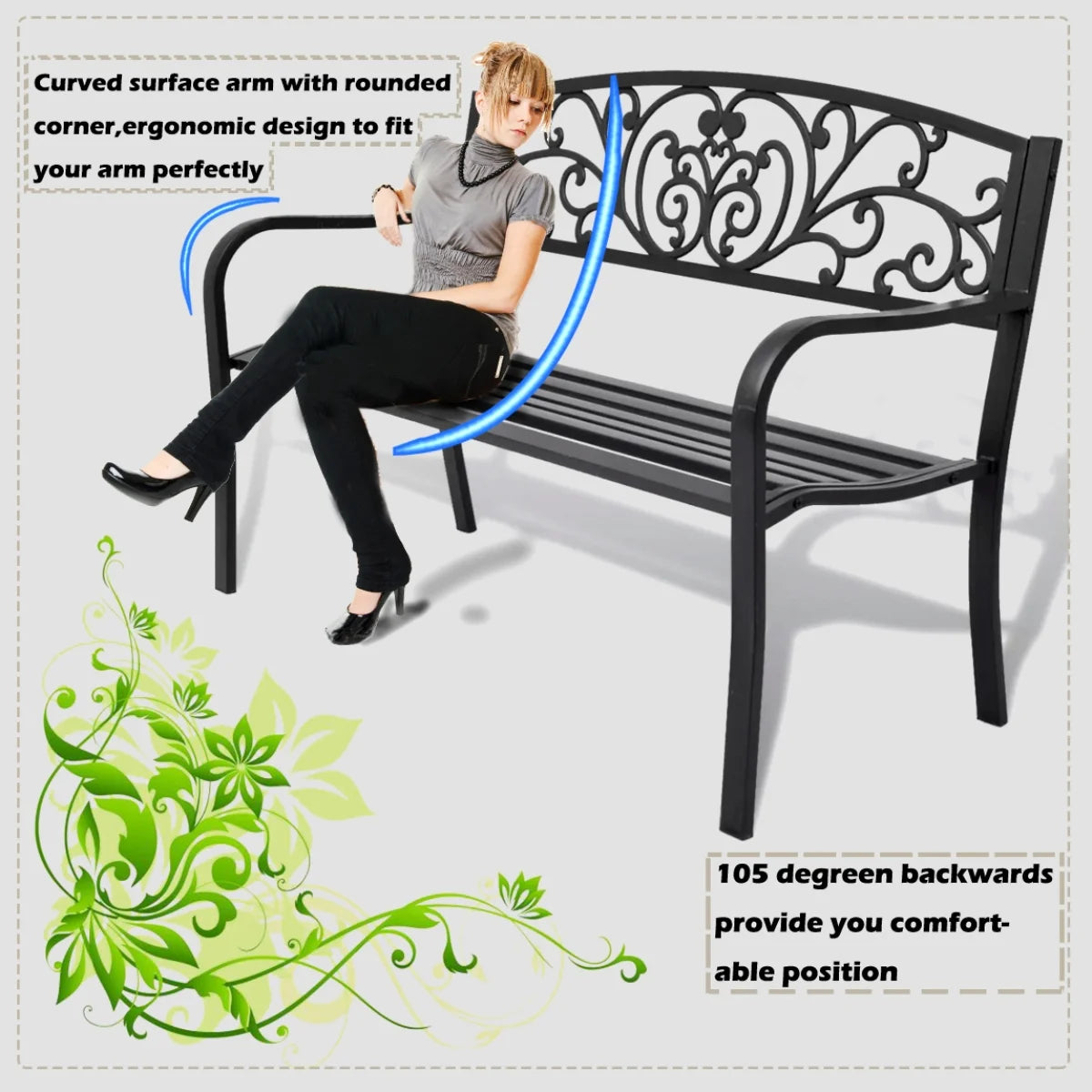 Black Steel Patio Bench with Back and Cast Iron Armrest I119150