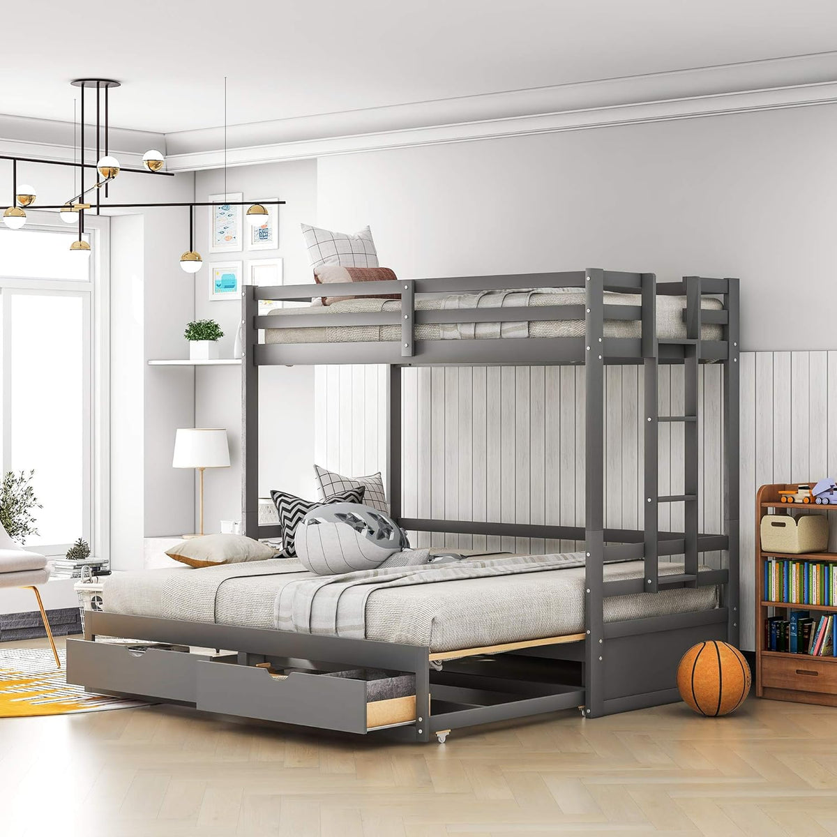 Twin Over Pull-Out Bunk Bed with Two Drawers Wooden Gray D5631