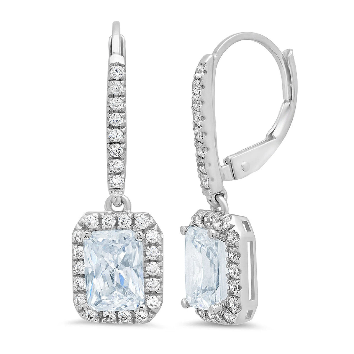 Emerald Cut Halo Drop Dangle Earrings Lever Back K5507
