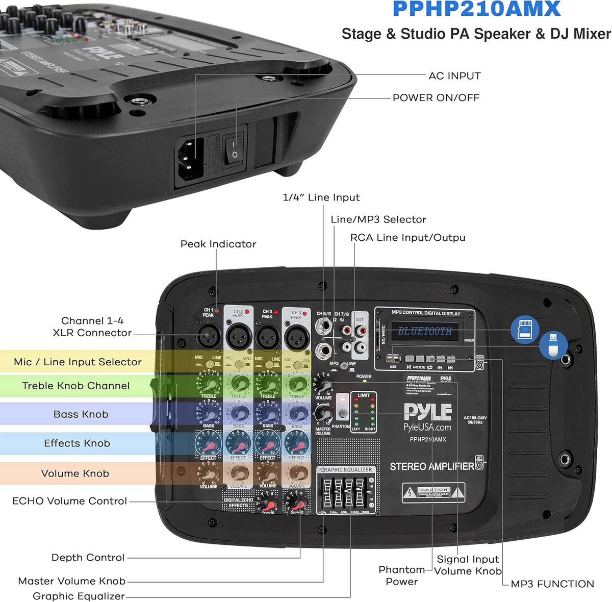 Black Portable Wireless Bluetooth PA Speaker DJ Mixer Bundle with Dual Speaker, Mixer, Microphone, Stand, Cable J1603