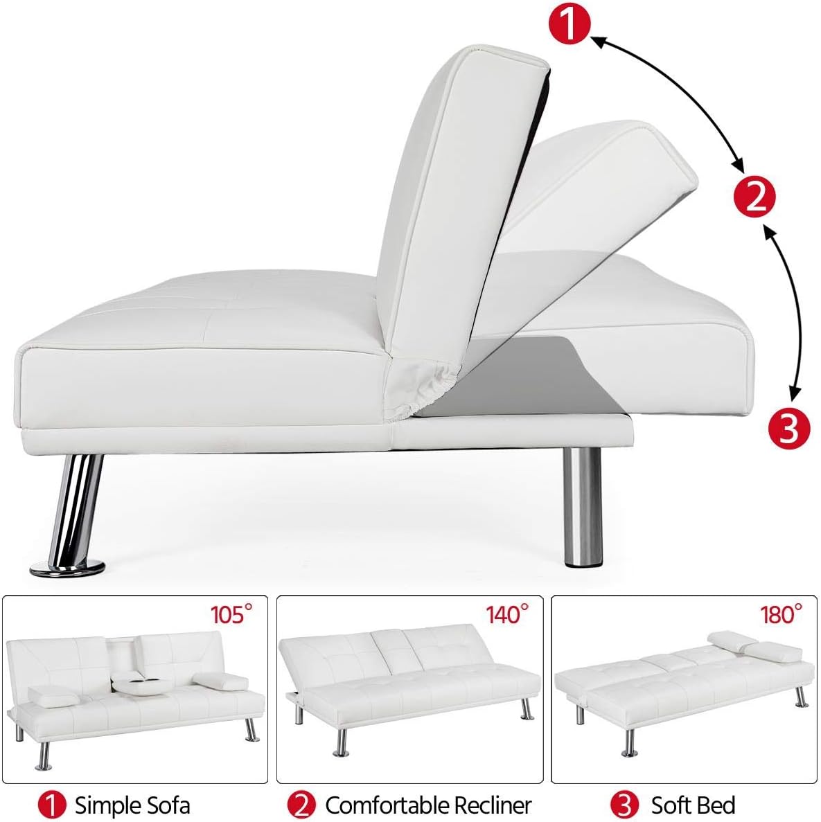 White Faux Leather Futon Set Convertible Sleeper Loveseat Daybed B149642