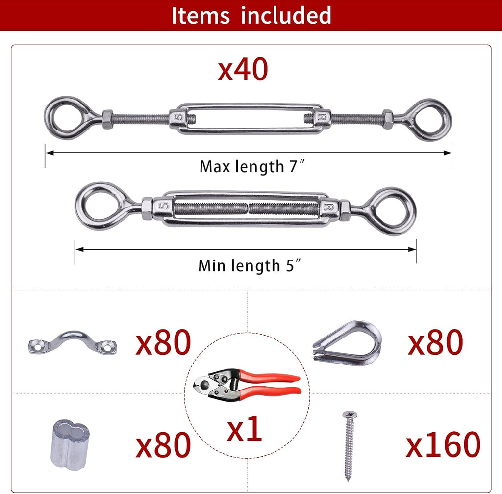 40Set 1/8 Cable Railing Kit Hardware Heavy Duty Turnbuckle M5 Eye to Eye Stainless Steel Angle Adjustable W33527