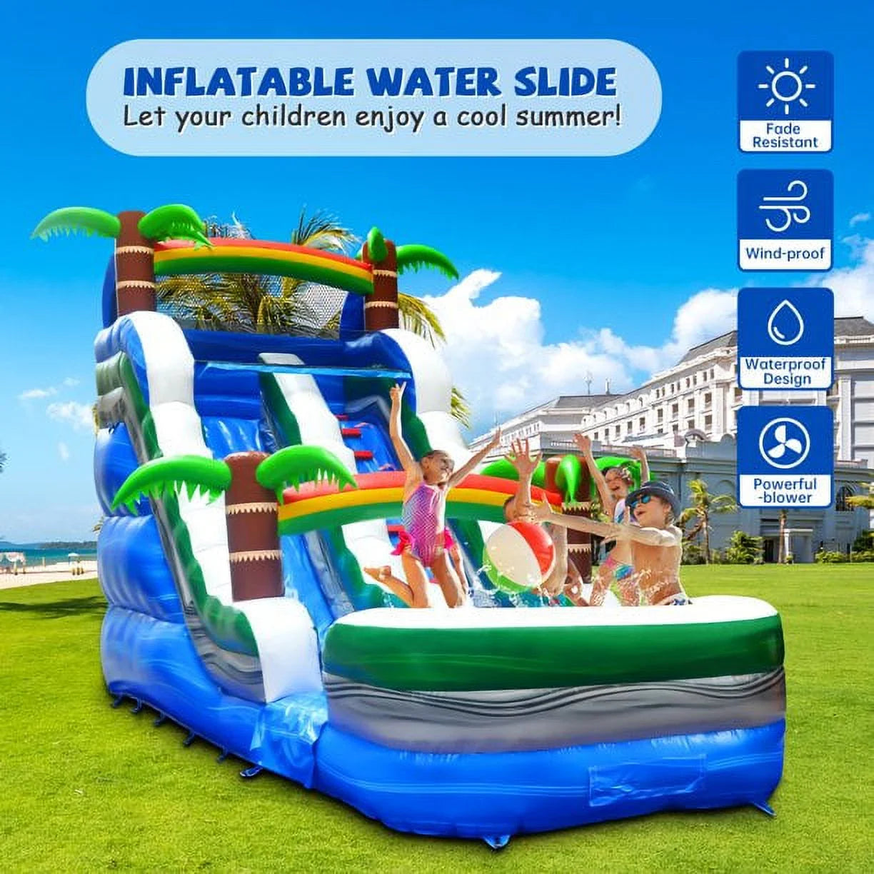 Inflatable Water Slide with Air Blower and Splash Pool A24343