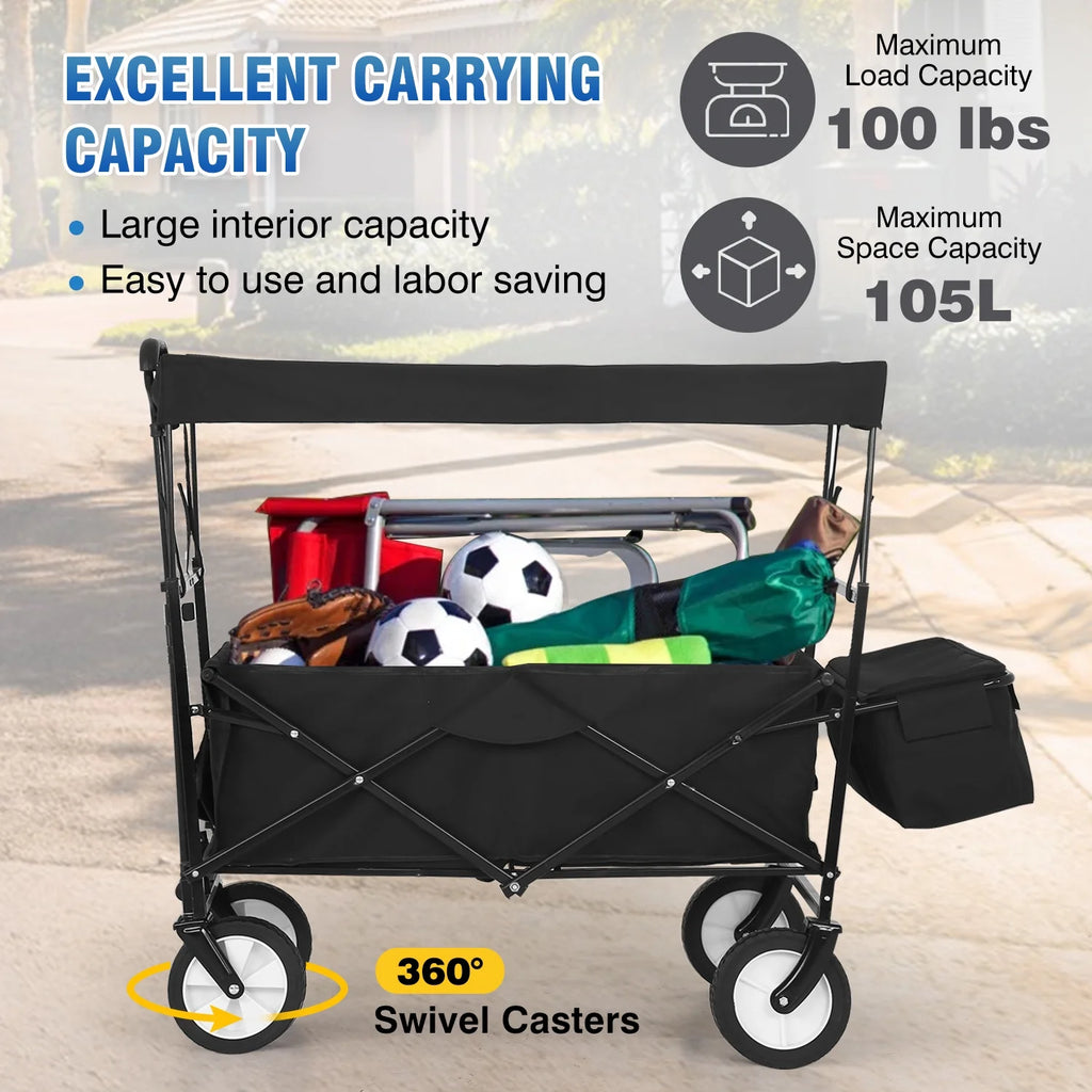 Black Folding Wagon Cart with Removable Canopy X577365