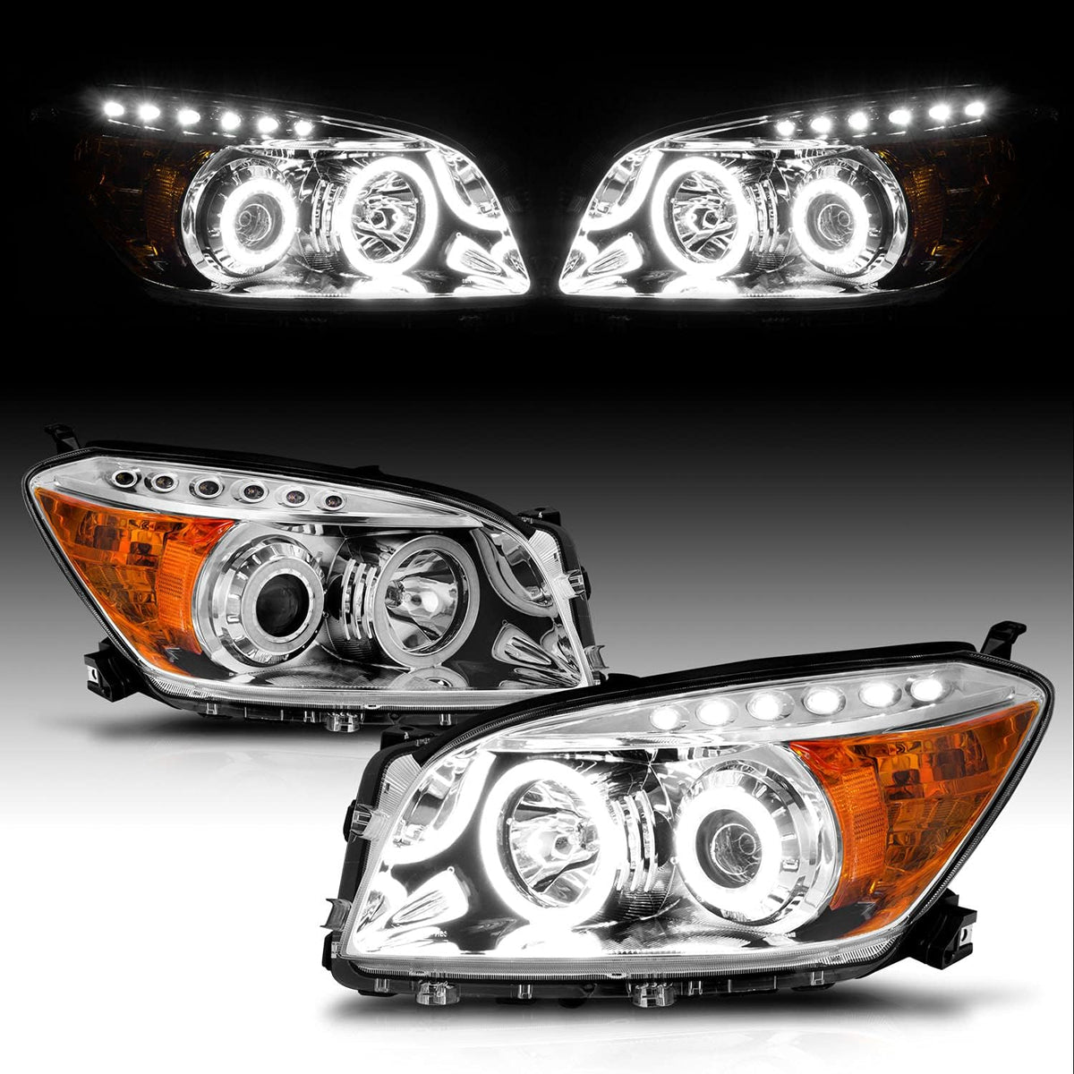 Chrome Dual LED Halo Projector Headlights Set for Toyota Rav4 K204550
