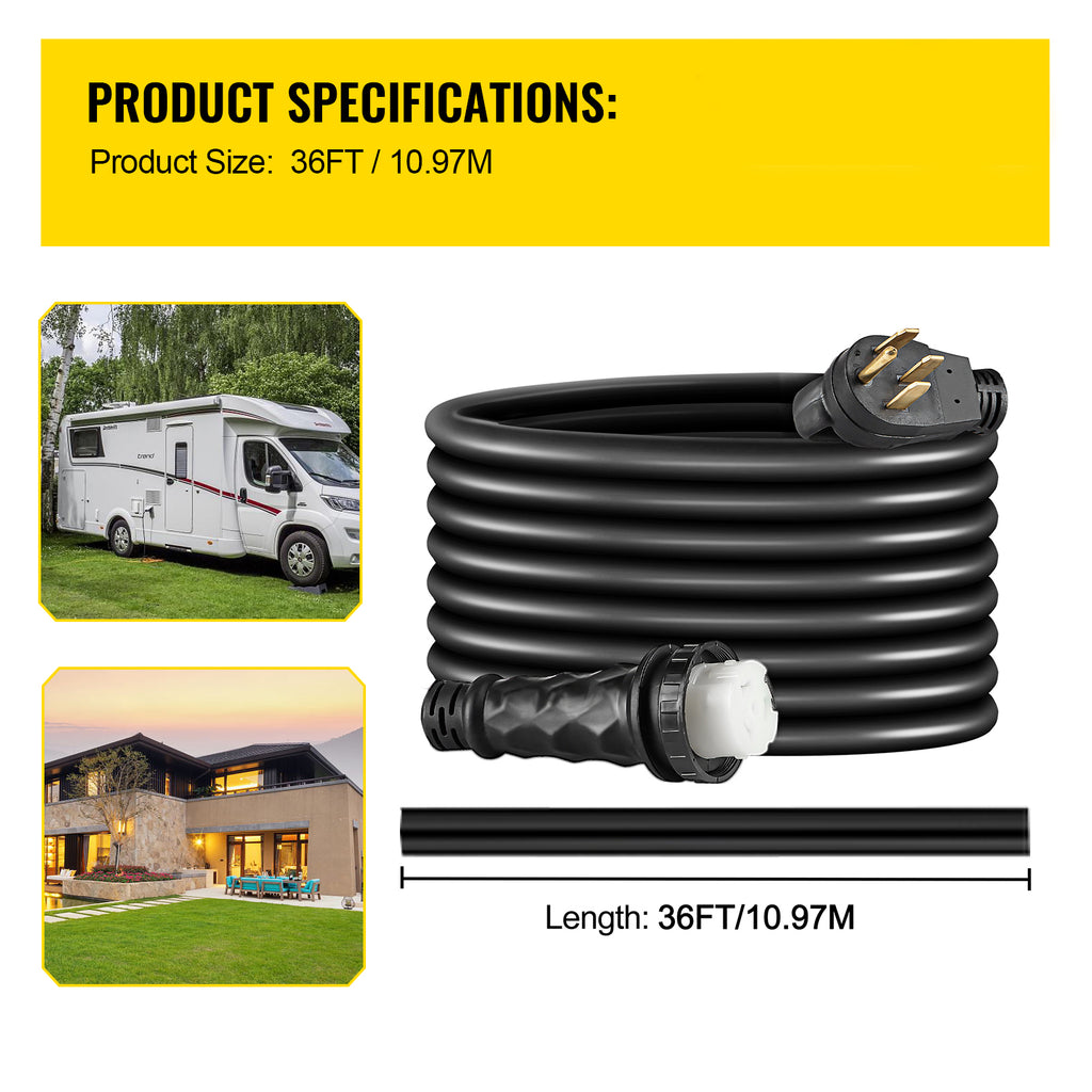 RV Shore Power Extension Cord 50A 36ft 125/250V STW 6AWG/3C+8AWG/1C NEMA SS2-50R Twist Lock Plug NEMA 14-50P J971