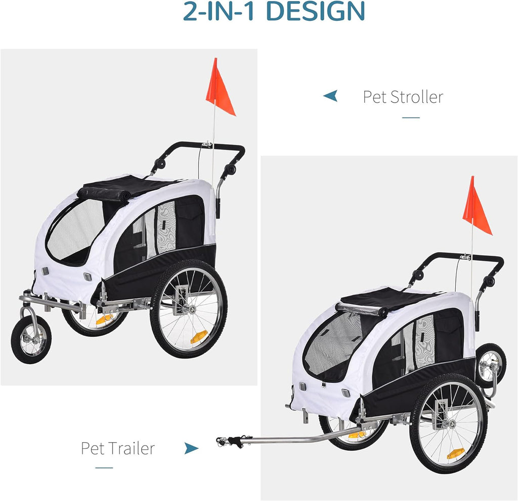 White Dog Bike Trailer Pet Stroller With Canopy And Storage Pockets W2830