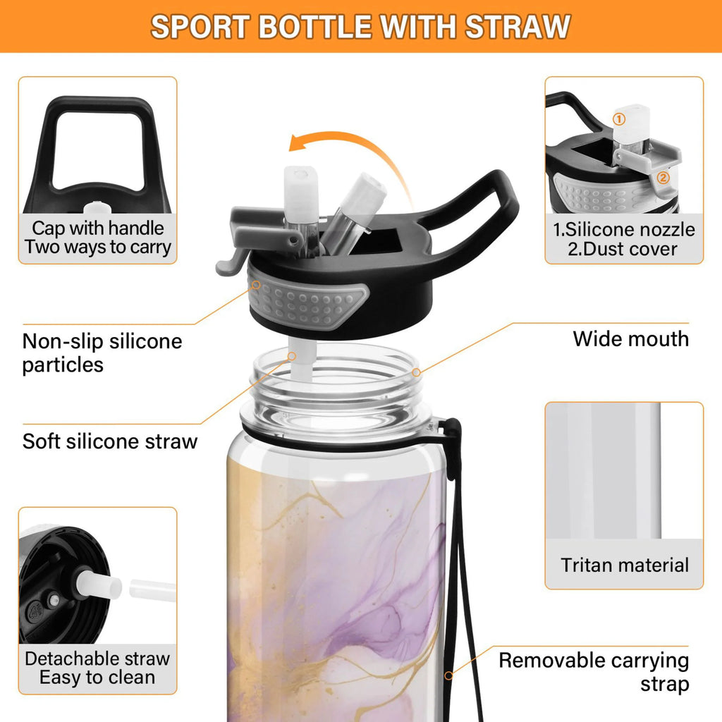 Purple and Gold Marble 32oz Tritan Leakproof Water Bottle with Straw Q755871