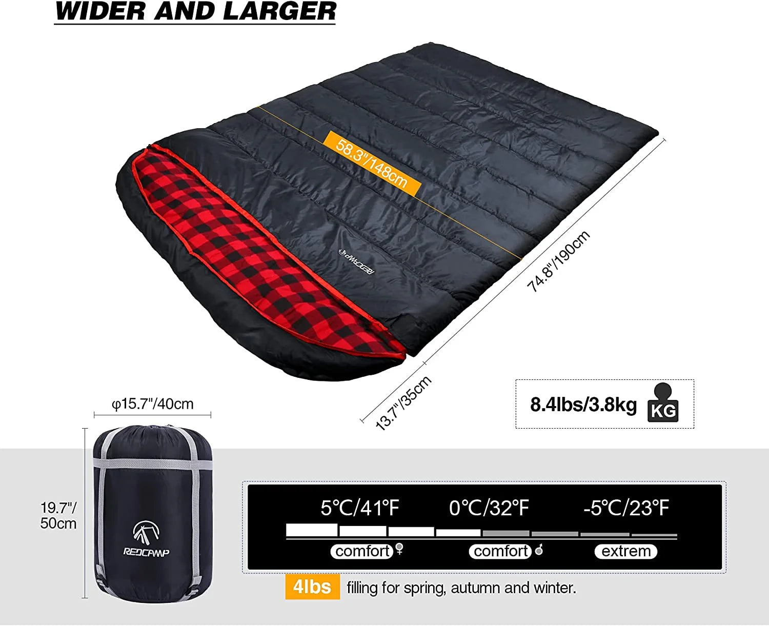 Cotton Double Sleeping Bag, Queen Size, Black/Navy Blue I116