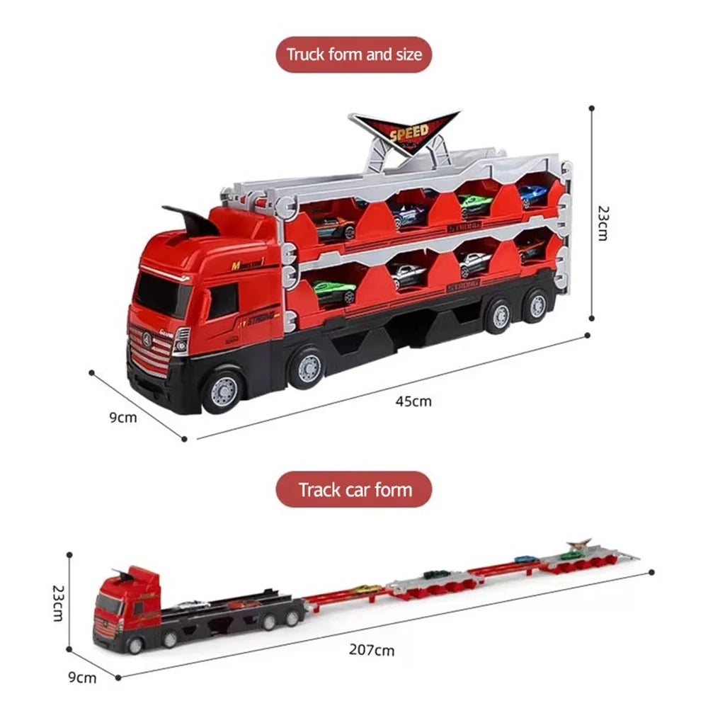 Mega Hauler Truck with Ejection Race Track, Folding Storage Transporter Toy with 8 Cars L30821