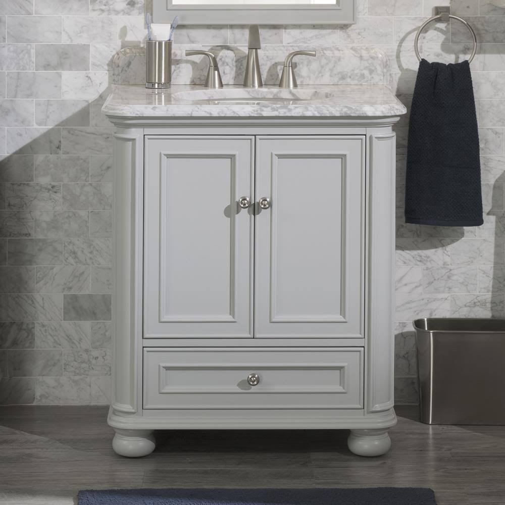 Light Gray Undermount Single Sink Bathroom Vanity with Natural Carrara Marble Top T160