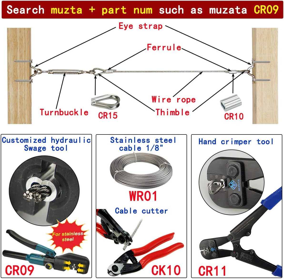 40Set 1/8 Cable Railing Kit Hardware Heavy Duty Turnbuckle M5 Eye to Eye Stainless Steel Angle Adjustable W33527