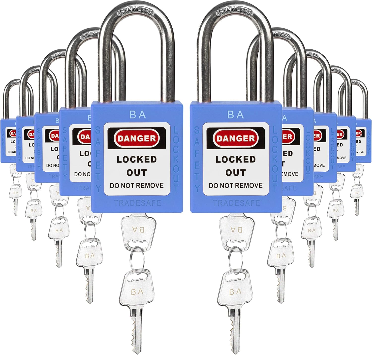 Green Keyed Alike Safety Padlocks, 10 Pack, 2 Keys Per Lock O890