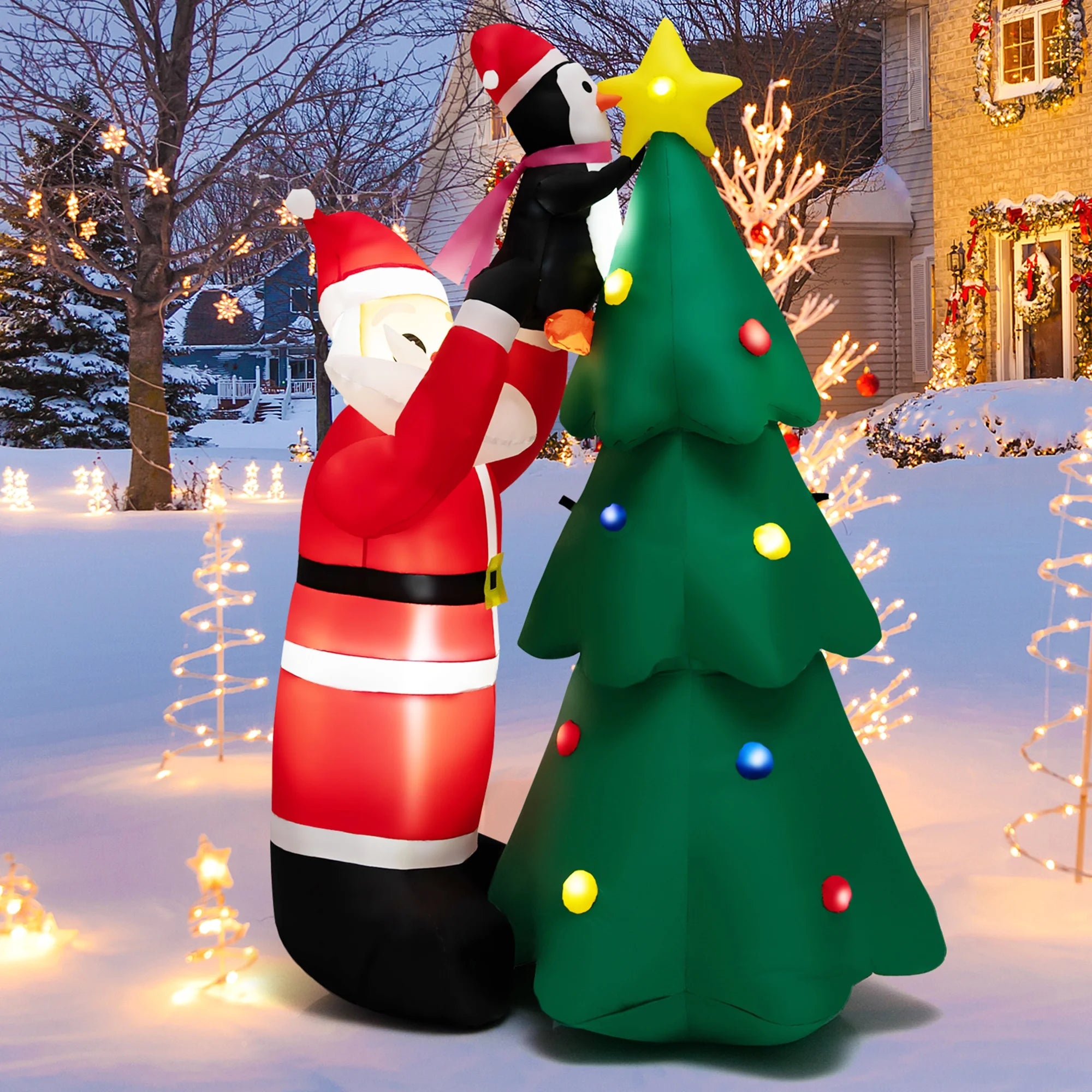 6FT Christmas Inflatable Tree Santa Claus & Penguin Decor with LED Lights E946758