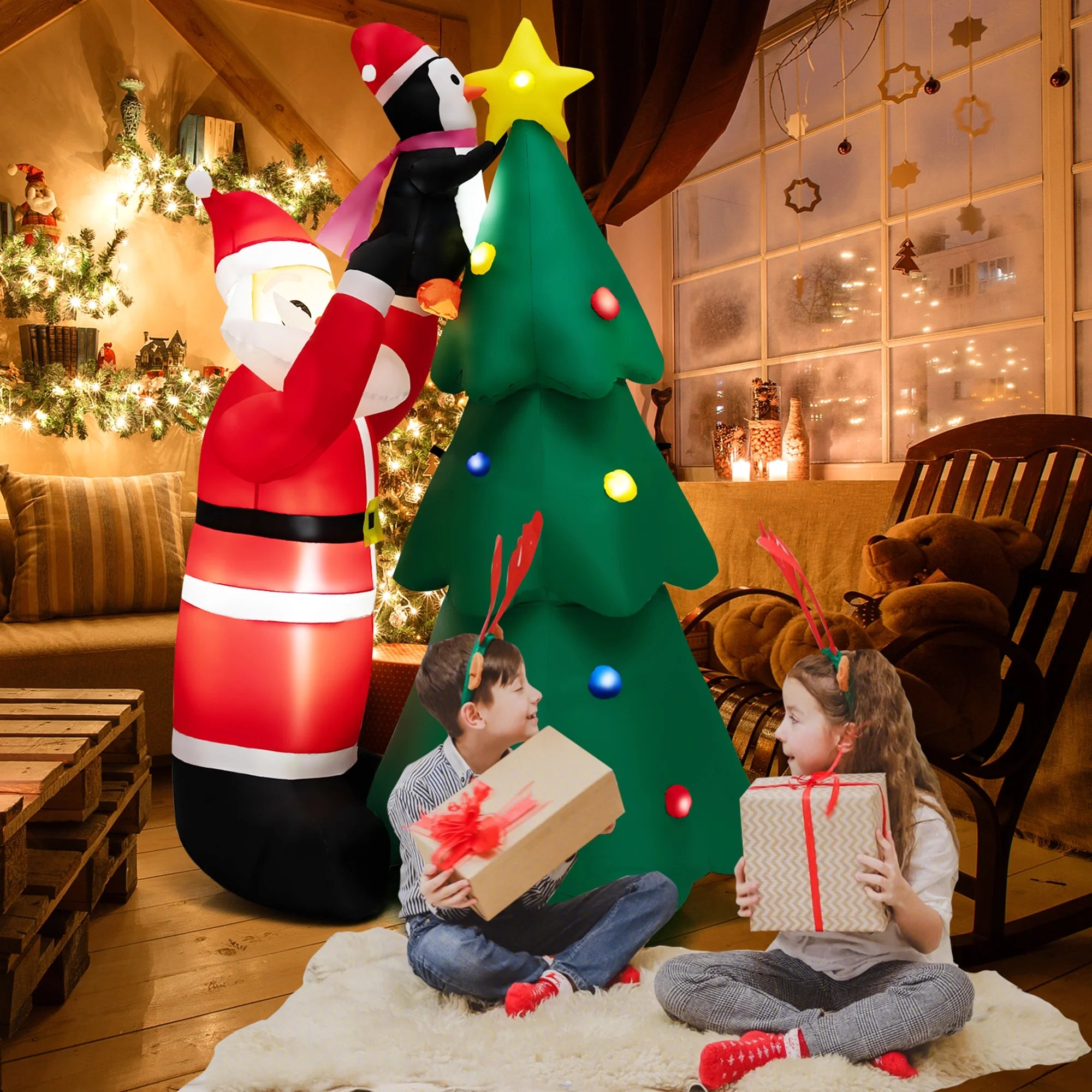 6FT Christmas Inflatable Tree Santa Claus & Penguin Decor with LED Lights E946758
