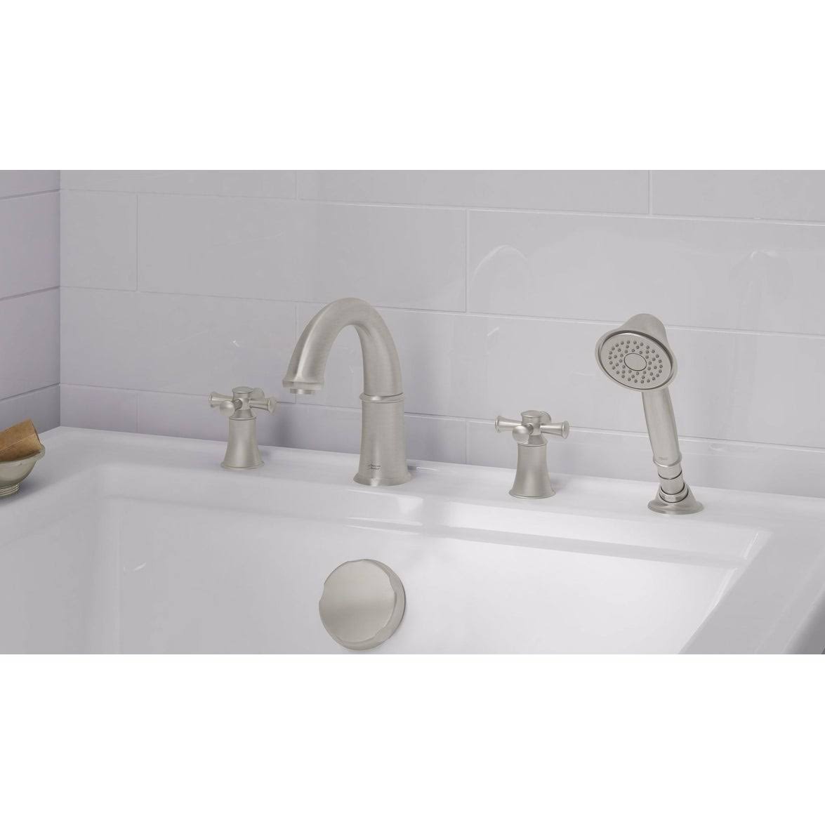 Polished Chrom Double Handle Deck Mounted Roman Tub Faucet Trim with Handshower Z11419