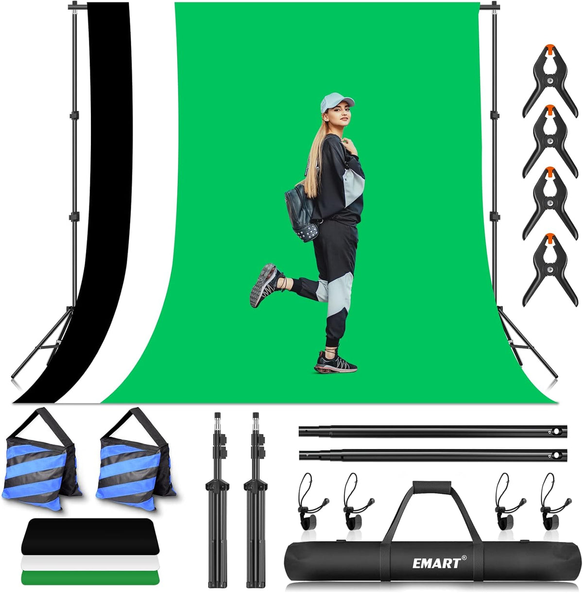 7×10ft Adjustable Photography Backdrop Stand Kit with Polyester Background, Spring Clamps and Carry Bag L300711
