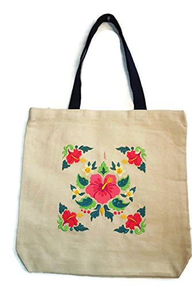 22" Embroidered Hibiscus Canvas Tote Bag P1977