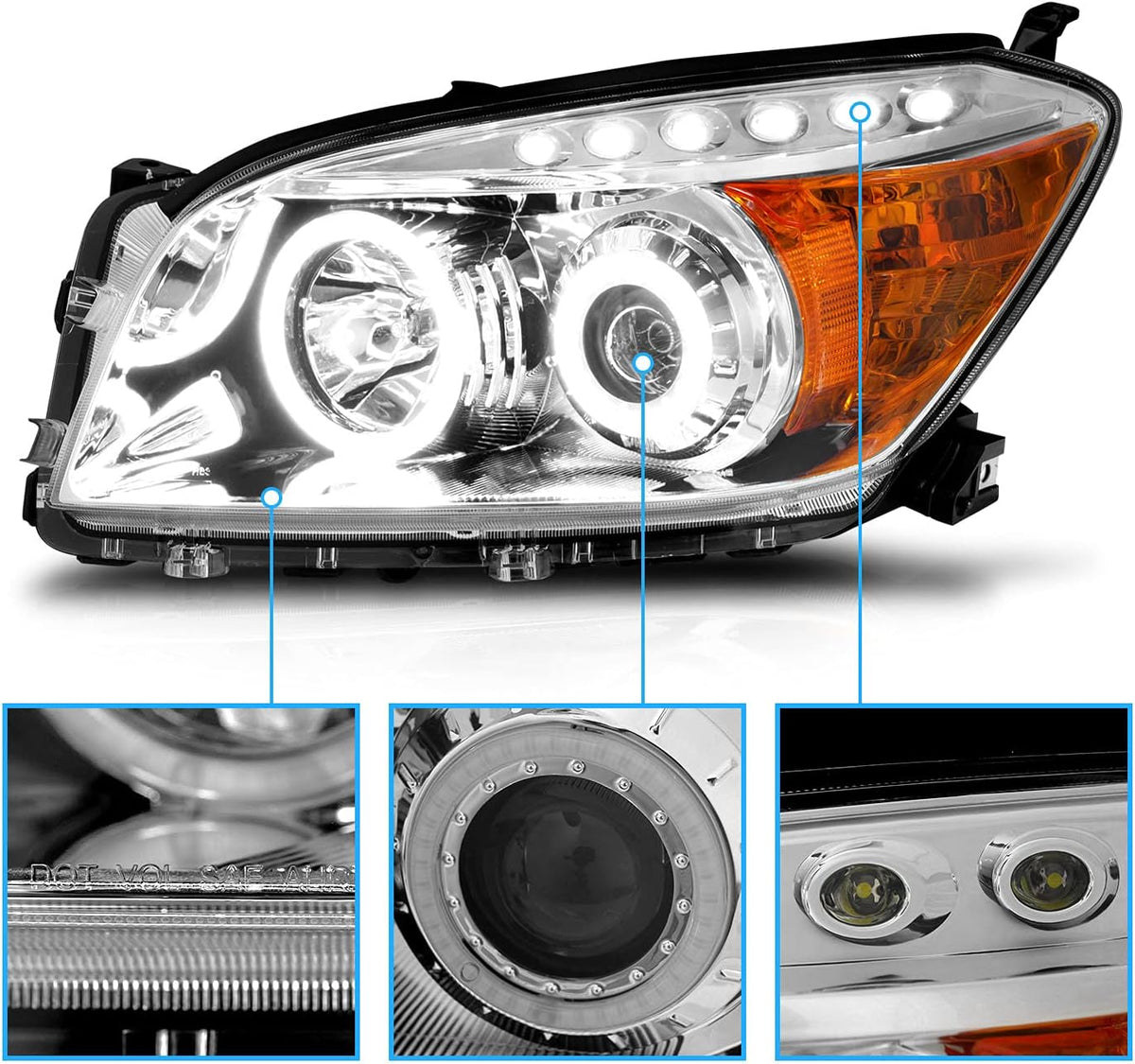 Chrome Dual LED Halo Projector Headlights Set for Toyota Rav4 K204550