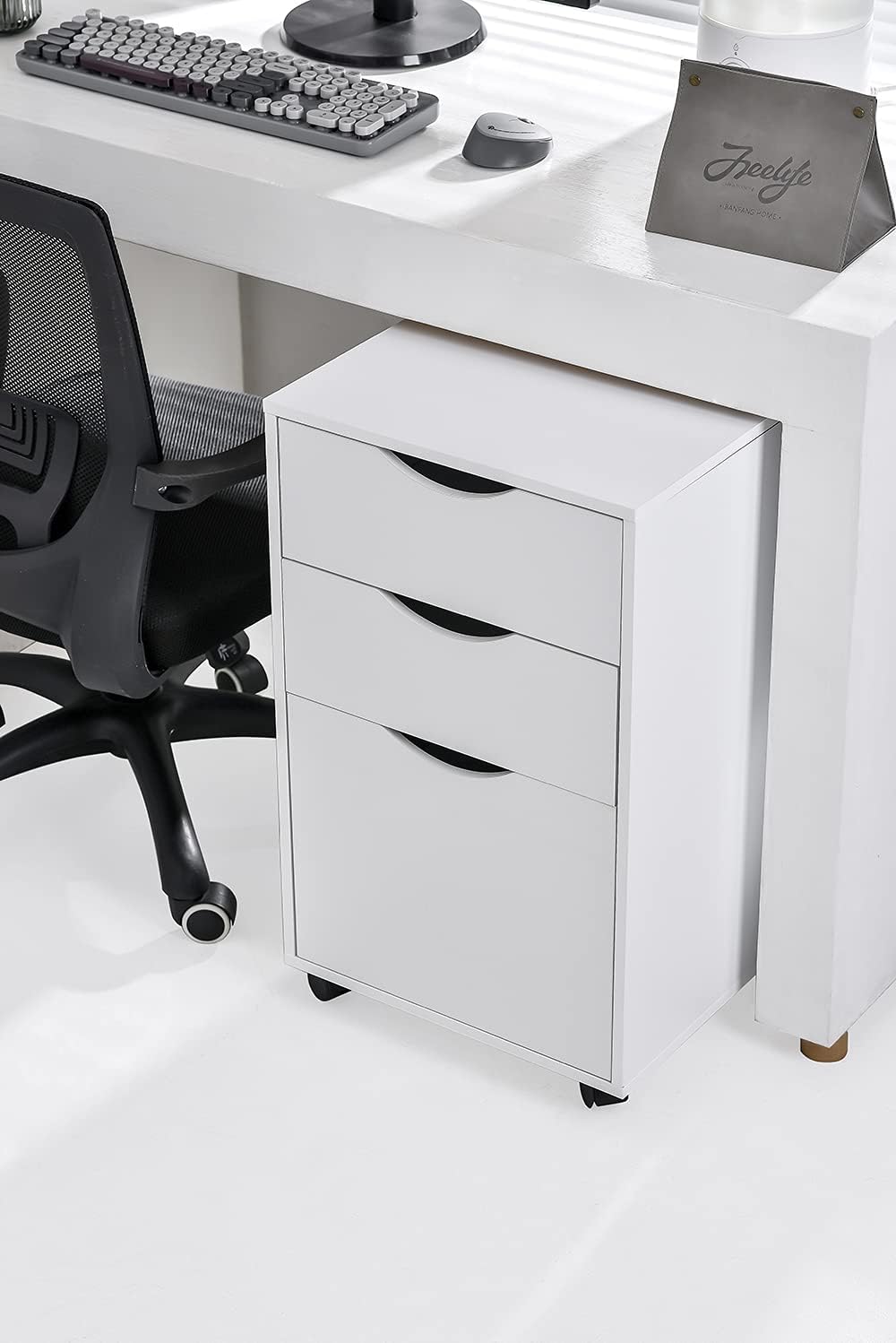 White 3 Drawer Wooden Mobile Filing Cabinet with Wheels V871
