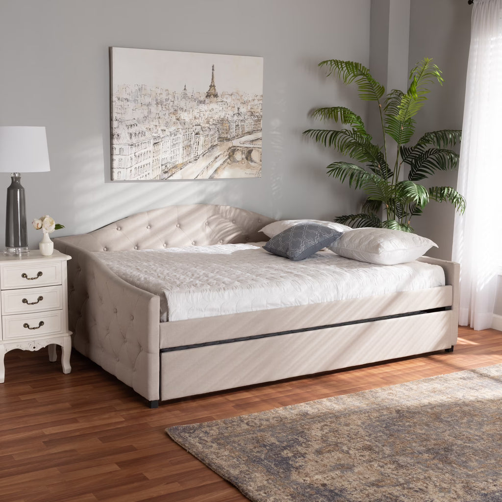 Beige/Black Upholstered Daybed with Trundle F964829