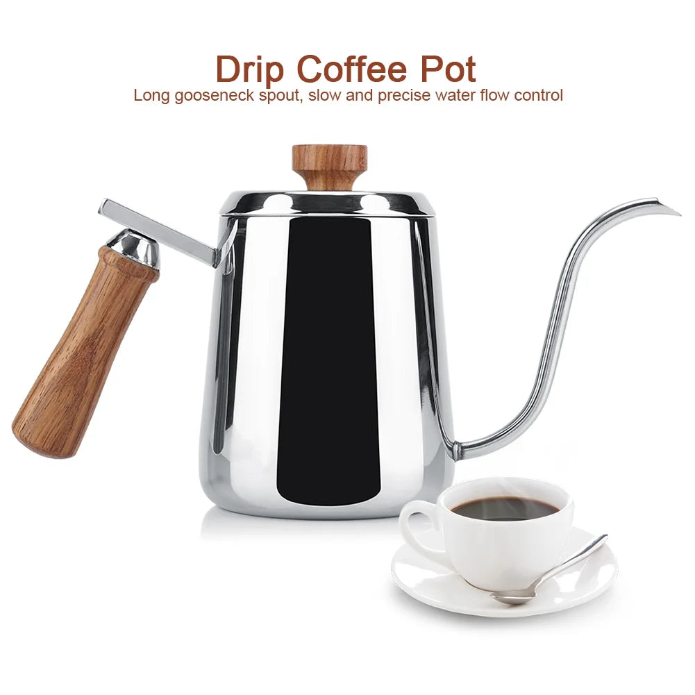 Stainless Steel Wooden Handle Gooseneck Coffee Kettle, 350ml K437454