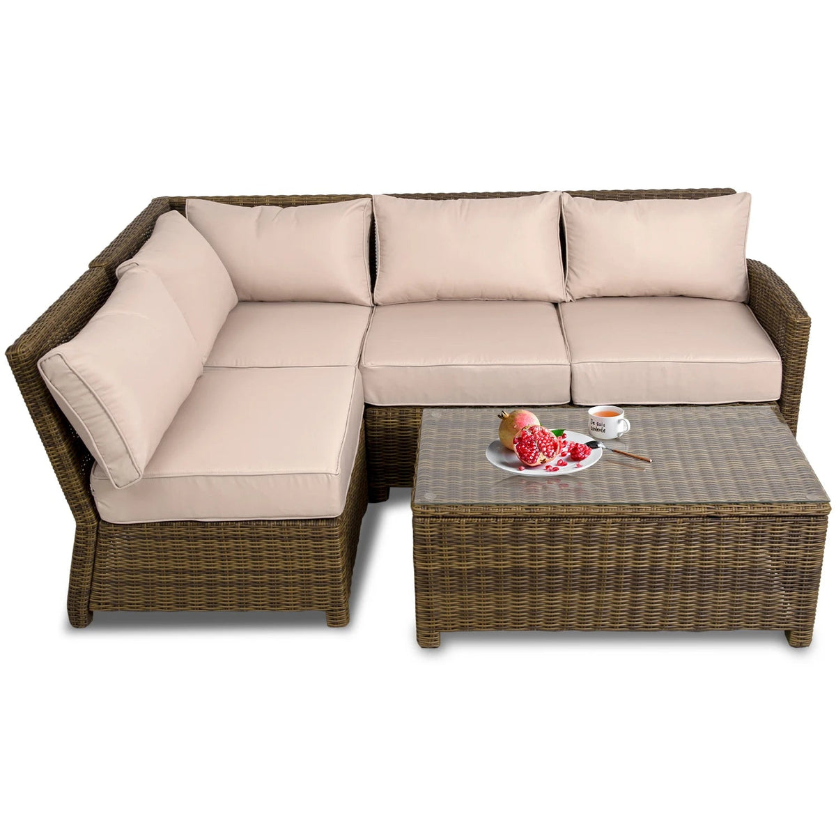 4-Piece Rattan Sectional Sofa Set with Beige Cushions Table N321326