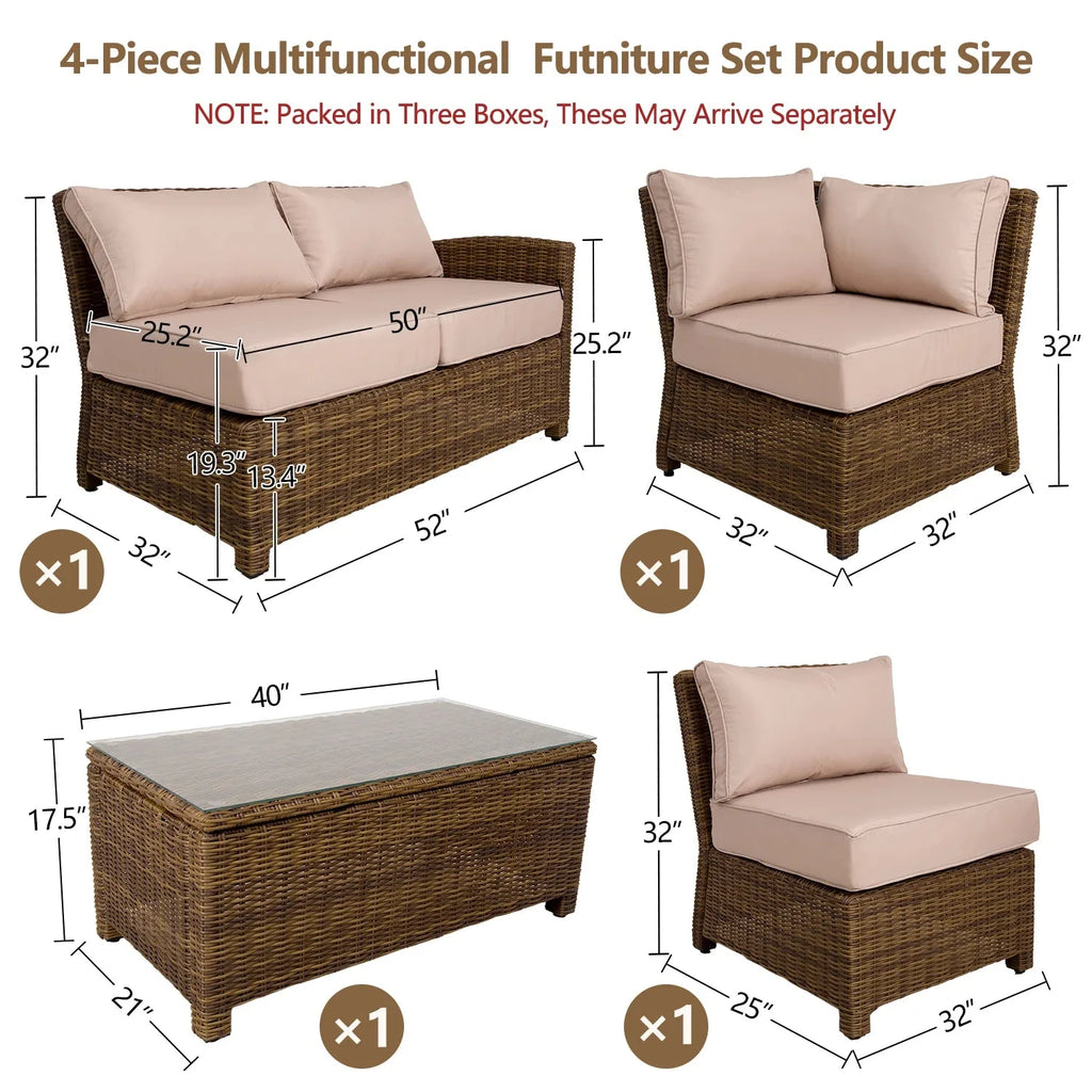 4-Piece Rattan Sectional Sofa Set with Beige Cushions Table N321326