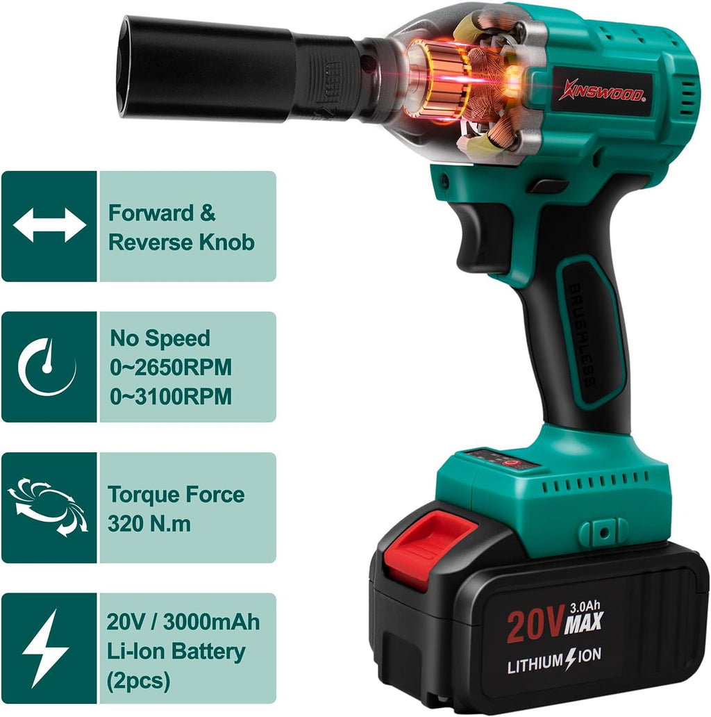 Cordless Impact Wrench, 1/2 Chuck, 3100RPM, 320 ft-lbs, 20V 2x3.0AH Battery V1689