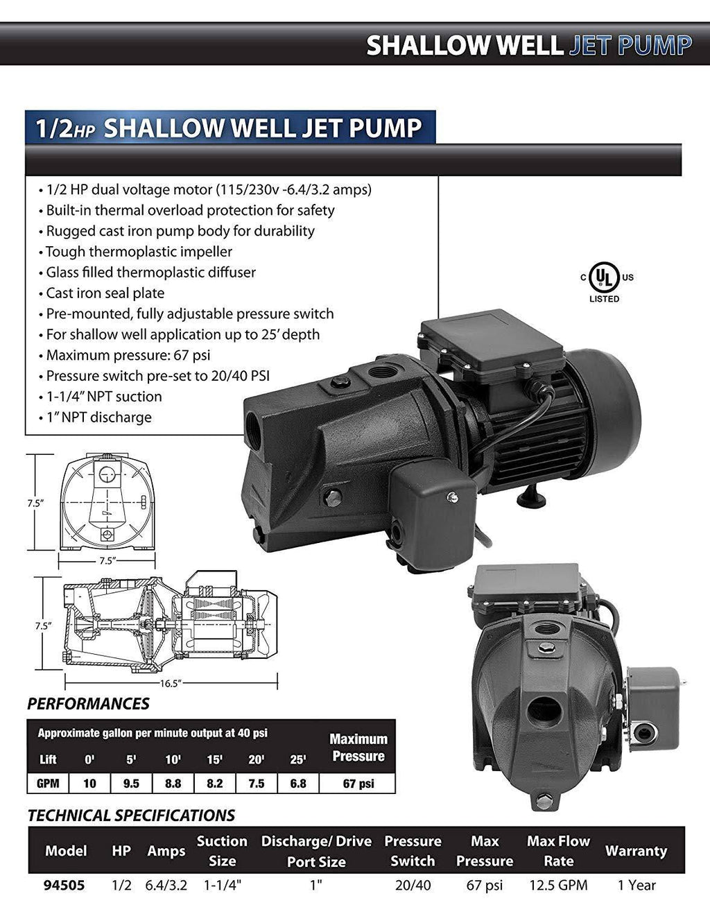 1/2 HP Cast Iron Shallow Well Jet Pump U6835