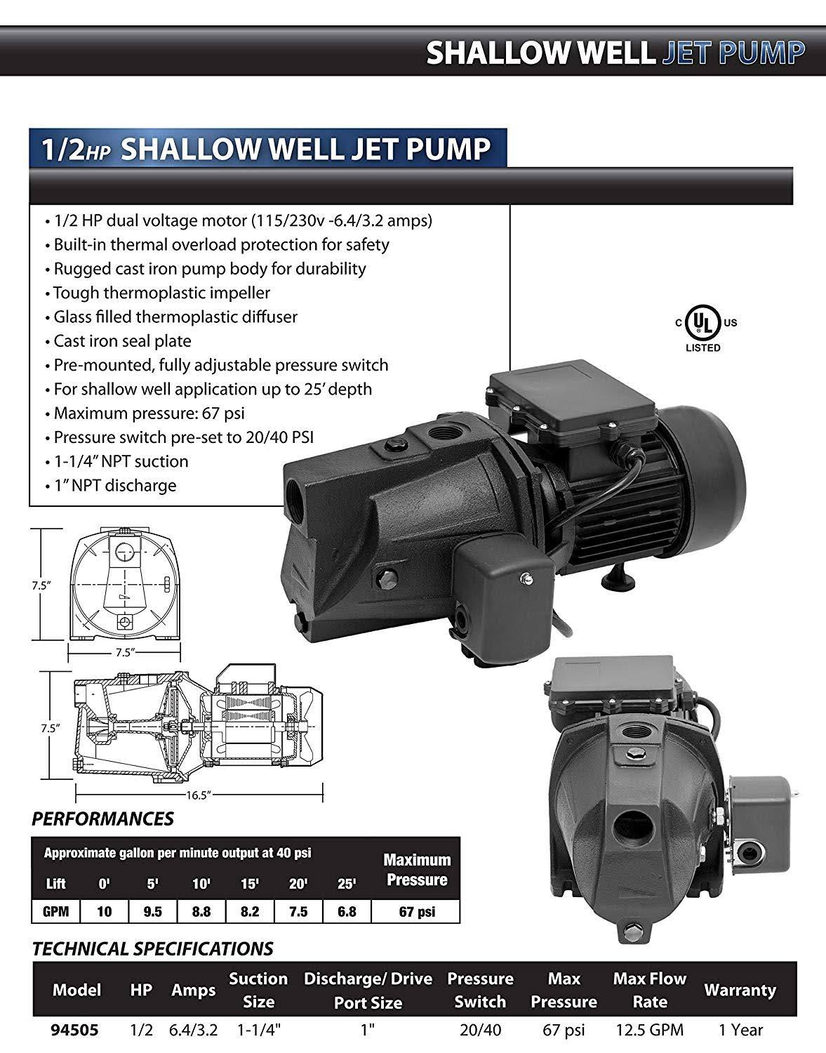 1/2 HP Cast Iron Shallow Well Jet Pump U6835